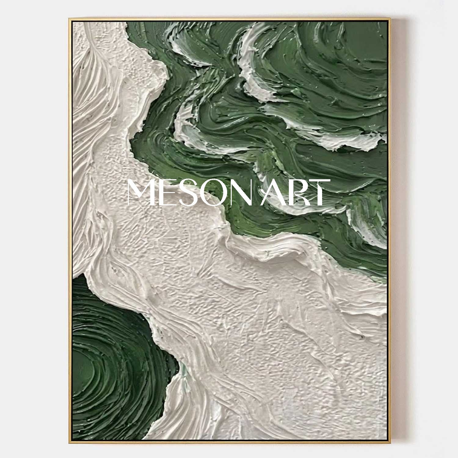 Emerald Green and White Art Diagonal Fluid Abstract Painting Forest Green Abstract River Painting