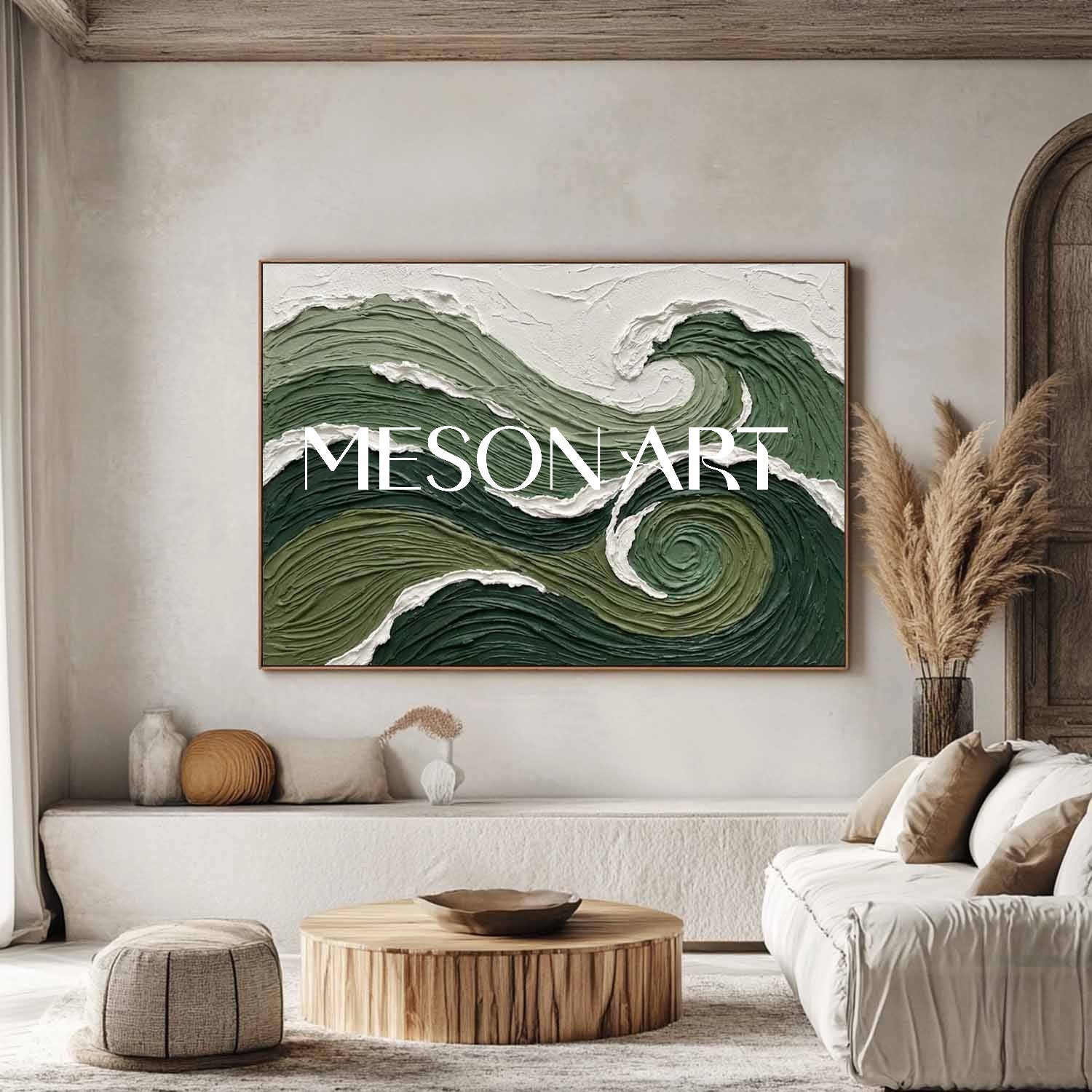 Dark Green Wave Art Horizontal Forest Green Abstract Wave Swirling Ocean Abstract Painting