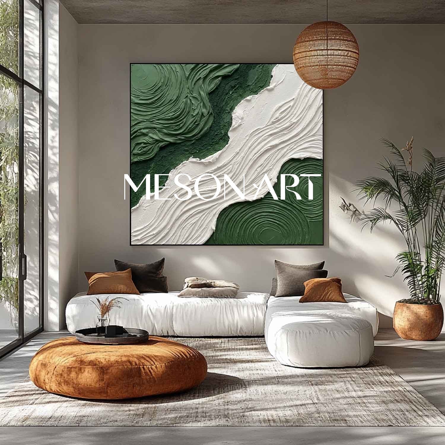 Square Dark Green Abstract Art Heavy 3D Impasto Swirl Canvas Painting